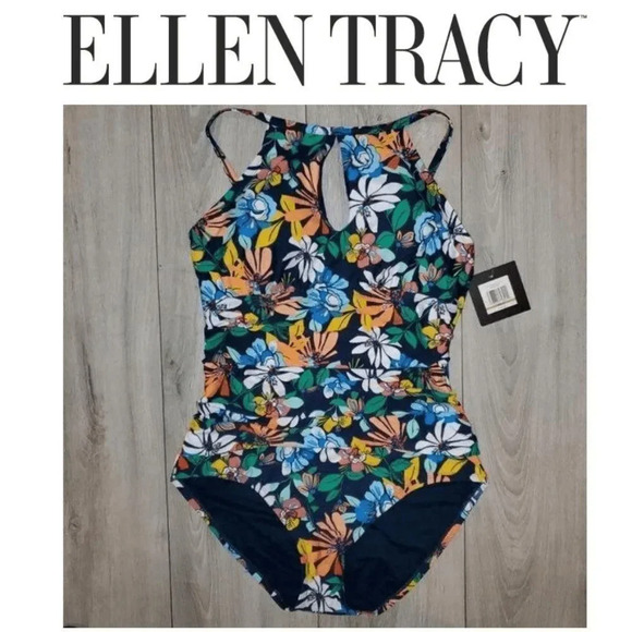 Ellen Tracy SZ 8 Navy Keyhole High-Neck Swimsuit - Picture 1 of 13
